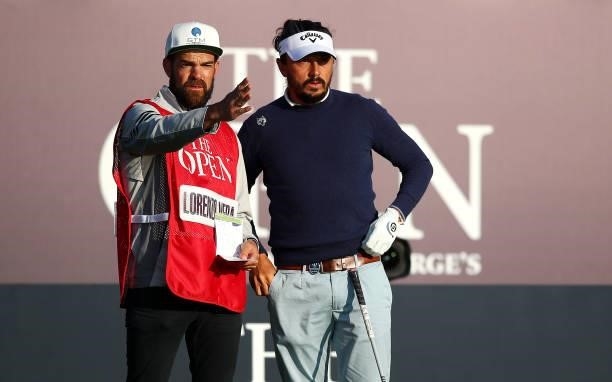 Mike Lorenzo-Vera of France interacts with his caddie at the first tee during Day One of The 149th Open at Royal St George’s Golf Club on July 15,...