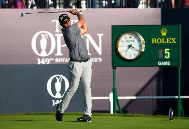 Dean Burmester of South Africa plays his shot from the first tee during Day One of The 149th Open at Royal St George’s Golf Club on July 15, 2021 in...