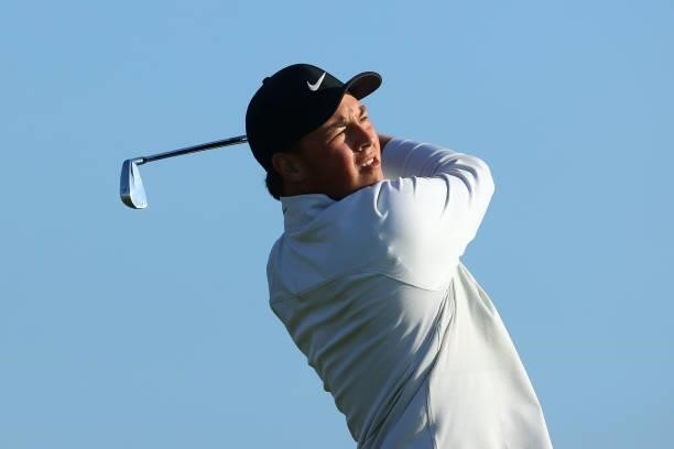 Amateur Abel Gallegos of Argentina plays his shot from the third tee during Day One of The 149th Open at Royal St George’s Golf Club on July 15, 2021...