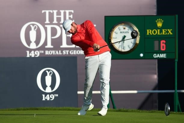Sam Horsfield of England plays his shot from the first tee during Day One of The 149th Open at Royal St George’s Golf Club on July 15, 2021 in...