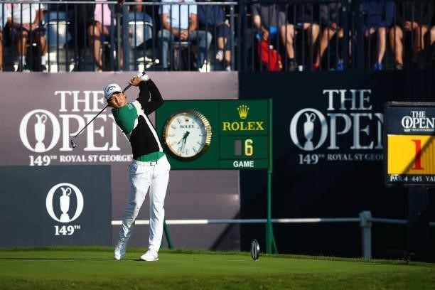 Min Woo Lee of Australia plays their shot from the first tee during Day One of The 149th Open at Royal St George’s Golf Club on July 15, 2021 in...