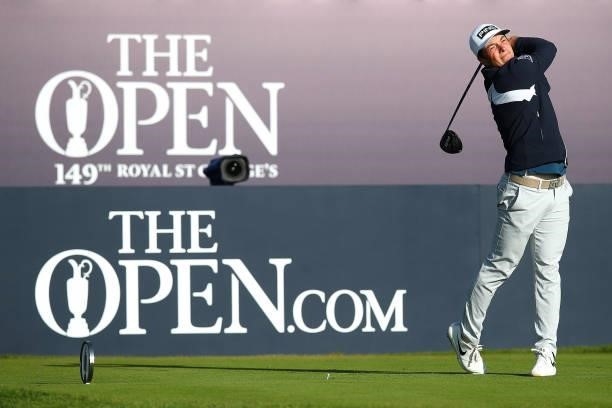 Viktor Hovland of Norway plays his shot from the first tee during Day One of The 149th Open at Royal St George’s Golf Club on July 15, 2021 in...