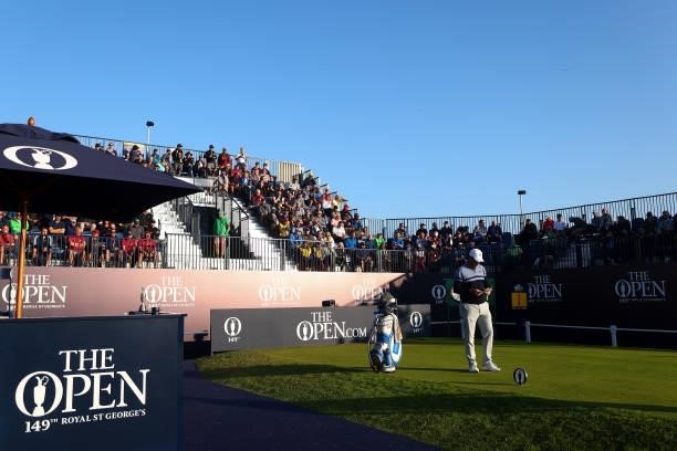Richard Bland of England prepares to play a shot on the 1st tee during Day One of The 149th Open at Royal St George’s Golf Club on July 15, 2021 in...