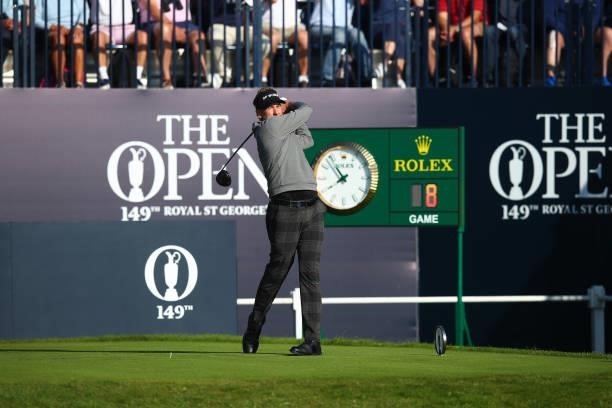 Ian Poulter of England plays his shot from the first tee during Day One of The 149th Open at Royal St George’s Golf Club on July 15, 2021 in...