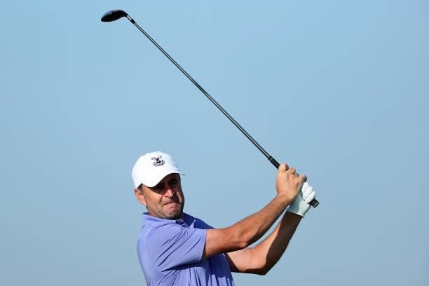 Richard Bland of England tees off on the 5th hole during Day One of The 149th Open at Royal St George’s Golf Club on July 15, 2021 in Sandwich,...