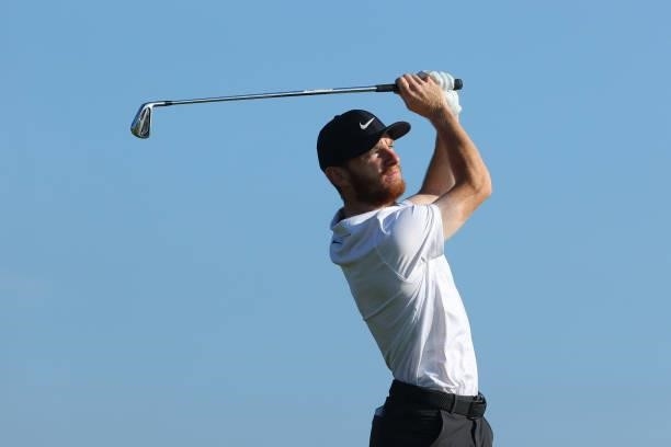 Amateur Laird Shepherd of England plays his shot from the third tee during Day One of The 149th Open at Royal St George’s Golf Club on July 15, 2021...