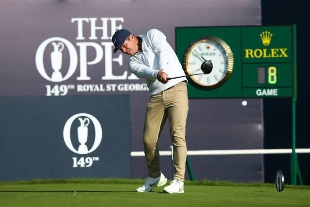 Paul Casey of England plays his shot from the first tee during Day One of The 149th Open at Royal St George’s Golf Club on July 15, 2021 in Sandwich,...