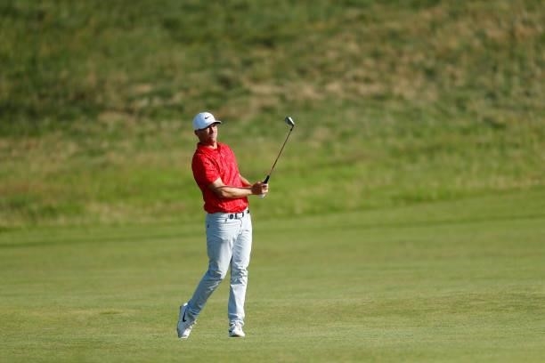 Alex Noren of Sweden plays a shot on the fourth hole during Day One of The 149th Open at Royal St George’s Golf Club on July 15, 2021 in Sandwich,...