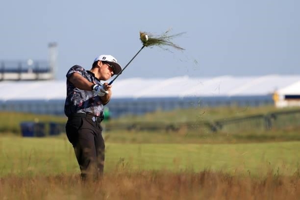 Garrick Higgo of South Africa plays his second shot on the first hole during Day One of The 149th Open at Royal St George’s Golf Club on July 15,...