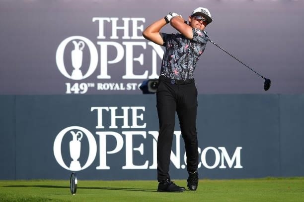 Garrick Higgo of South Africa plays his shot from the first tee during Day One of The 149th Open at Royal St George’s Golf Club on July 15, 2021 in...