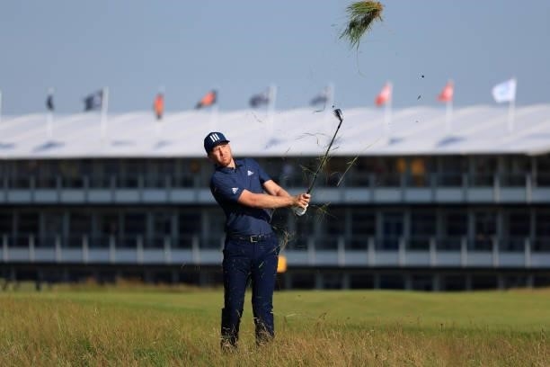 Daniel Berger of the United States plays their second shot on the first hole during Day One of The 149th Open at Royal St George’s Golf Club on July...