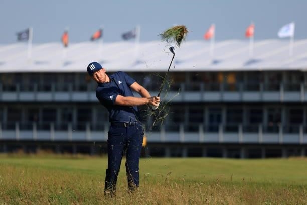 Daniel Berger of the United States plays their second shot on the first hole during Day One of The 149th Open at Royal St George’s Golf Club on July...