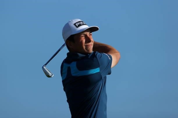Viktor Hovland of Norway plays his shot from the third tee during Day One of The 149th Open at Royal St George’s Golf Club on July 15, 2021 in...