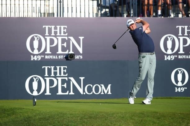 Jason Kokrak of the United States plays his shot from the first tee during Day One of The 149th Open at Royal St George’s Golf Club on July 15, 2021...