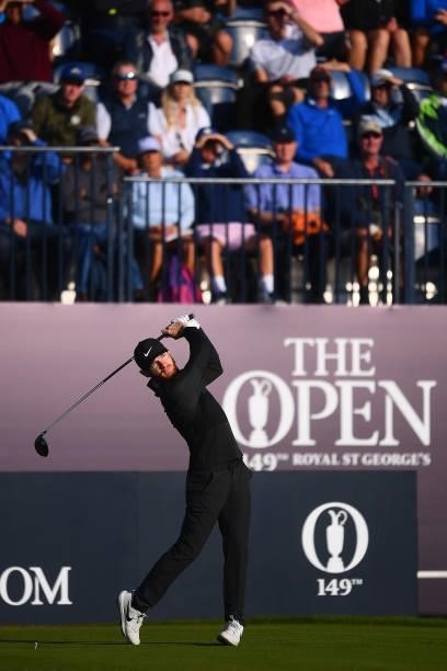Laird Shepherd of England tees off on the 1st hole during Day One of The 149th Open at Royal St George’s Golf Club on July 15, 2021 in Sandwich,...
