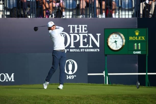 Amateur Joe Long of England plays his shot from the first tee during Day One of The 149th Open at Royal St George’s Golf Club on July 15, 2021 in...