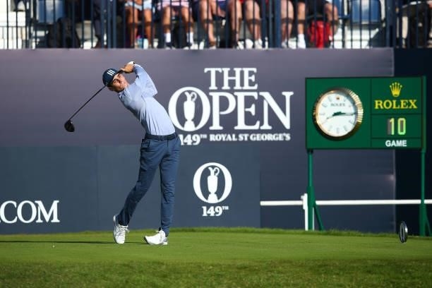 Joaquin Niemann of Chile plays his shot from the first tee during Day One of The 149th Open at Royal St George’s Golf Club on July 15, 2021 in...