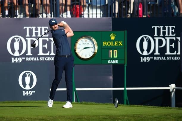 Daniel Berger of the United States plays his shot from the first tee during Day One of The 149th Open at Royal St George’s Golf Club on July 15, 2021...