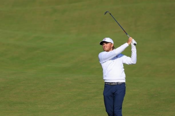 Amateur Joe Long of England plays a second shot on the first hole during Day One of The 149th Open at Royal St George’s Golf Club on July 15, 2021 in...