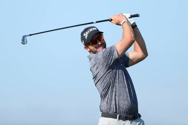 Dean Burmester of South Africa tees off on the 5th hole during Day One of The 149th Open at Royal St George’s Golf Club on July 15, 2021 in Sandwich,...