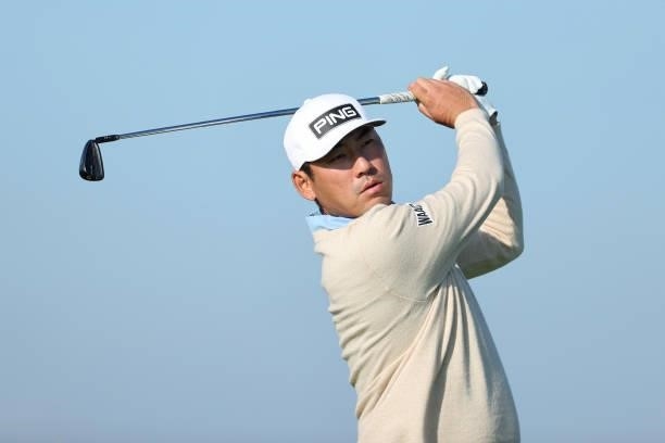 Chan Kim of The United States tees off on the 5th hole during Day One of The 149th Open at Royal St George’s Golf Club on July 15, 2021 in Sandwich,...