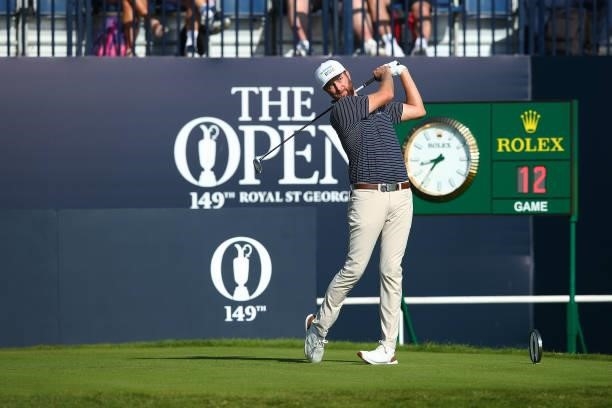 Chris Kirk of the United States plays his shot from the first tee during Day One of The 149th Open at Royal St George’s Golf Club on July 15, 2021 in...