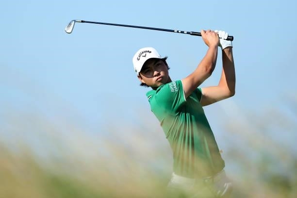 Min Woo Lee of Australia tees off on the 5th hole during Day One of The 149th Open at Royal St George’s Golf Club on July 15, 2021 in Sandwich,...