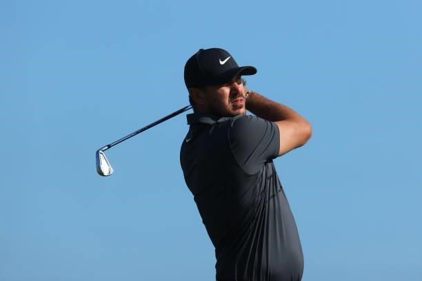 Garrick Higgo of South Africa plays his shot from the third tee during Day One of The 149th Open at Royal St George’s Golf Club on July 15, 2021 in...