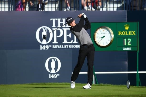 Marcus Kinhult of Sweden plays his shot from the first tee during Day One of The 149th Open at Royal St George’s Golf Club on July 15, 2021 in...