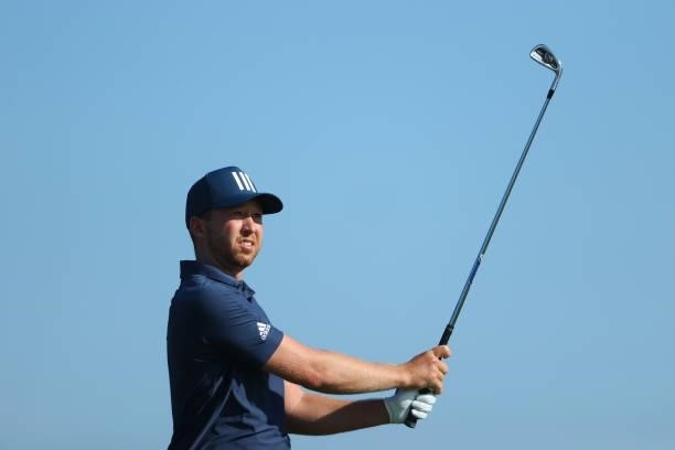 Daniel Berger of the United States plays his shot from the third tee during Day One of The 149th Open at Royal St George’s Golf Club on July 15, 2021...