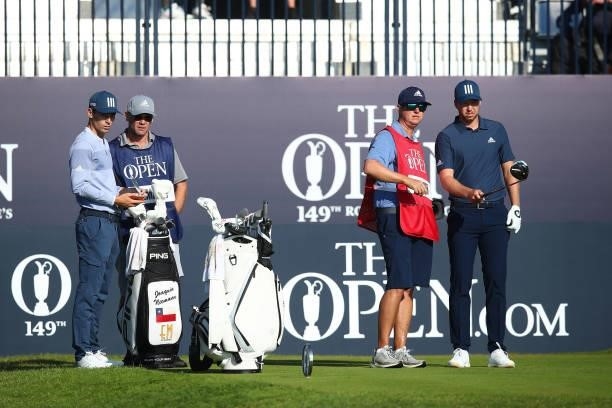 Joaquin Niemann of Chile and Daniel Berger of the United States look on from the first tee during Day One of The 149th Open at Royal St George’s Golf...