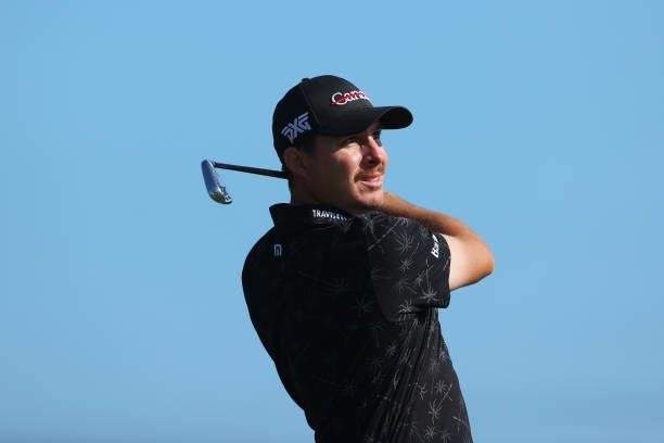 Joel Dahmen of the United States plays his shot from the third tee during Day One of The 149th Open at Royal St George’s Golf Club on July 15, 2021...
