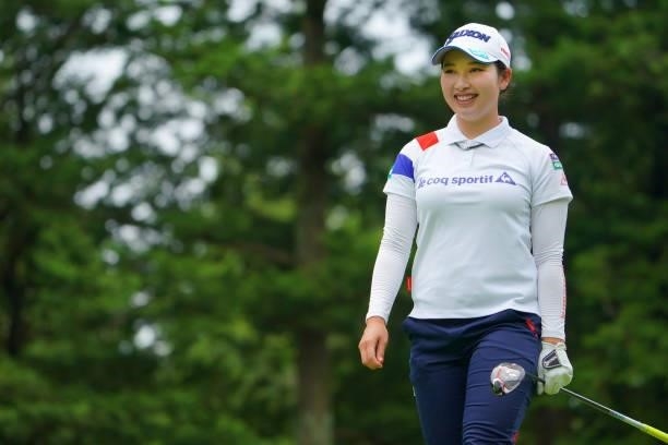 Sakura Koiwai of Japan smiles after her tee shot on the 7th hole during the pro-am ahead of the GMO Internet Ladies Samantha Thavasa Global Cup at...