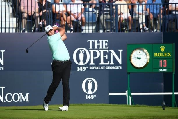 Jonathan Thomson of England plays his shot from the first tee during Day One of The 149th Open at Royal St George’s Golf Club on July 15, 2021 in...
