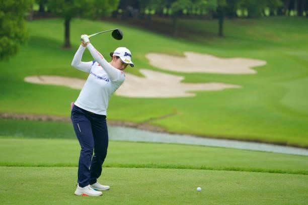 Sakura Koiwai of Japan hits her tee shot on the 8th hole during the pro-am ahead of the GMO Internet Ladies Samantha Thavasa Global Cup at Eagle...