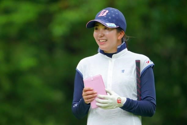 Kotone Hori of Japan smiles on the 7th tee during the pro-am ahead of the GMO Internet Ladies Samantha Thavasa Global Cup at Eagle Point Golf Club on...