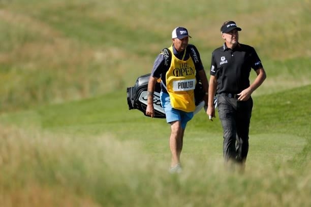 Ian Poulter of England makes his way along the fifth hole during Day One of The 149th Open at Royal St George’s Golf Club on July 15, 2021 in...