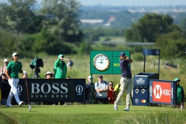 Christiaan Bezuidenhout of South Africa plays his shot from the seventh tee during Day One of The 149th Open at Royal St George’s Golf Club on July...