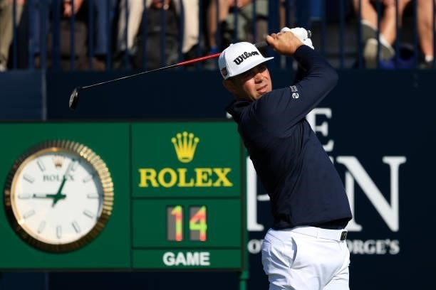 Gary Woodland of the United States plays his shot from the first tee during Day One of The 149th Open at Royal St George’s Golf Club on July 15, 2021...