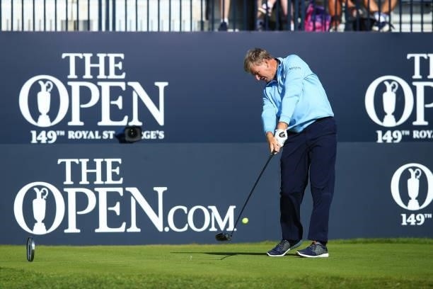 Ernie Els of South Africa plays his shot from the first tee during Day One of The 149th Open at Royal St George’s Golf Club on July 15, 2021 in...