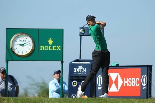 Thomas Detry of Belgium plays his shot from the seventh tee during Day One of The 149th Open at Royal St George’s Golf Club on July 15, 2021 in...