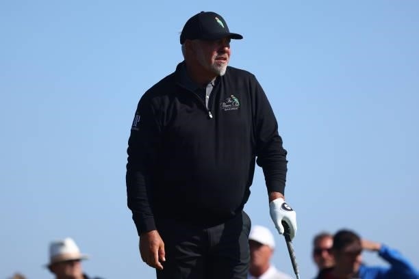 Darren Clarke of Northern Ireland tees off on the 3rd hole during Day One of The 149th Open at Royal St George’s Golf Club on July 15, 2021 in...