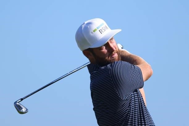 Chris Kirk of The United States tees off on the 3rd hole during Day One of The 149th Open at Royal St George’s Golf Club on July 15, 2021 in...