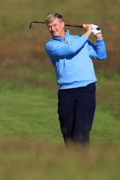 Ernie Els of South Africa plays his second shot on the 1st hole during Day One of The 149th Open at Royal St George’s Golf Club on July 15, 2021 in...