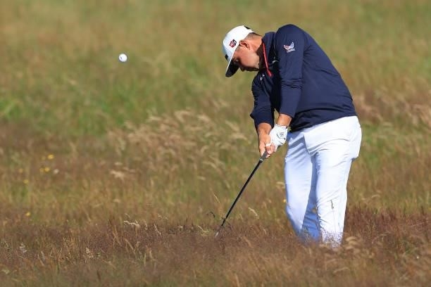 Gary Woodland of The United States plays his second shot on the 1st hole during Day One of The 149th Open at Royal St George’s Golf Club on July 15,...