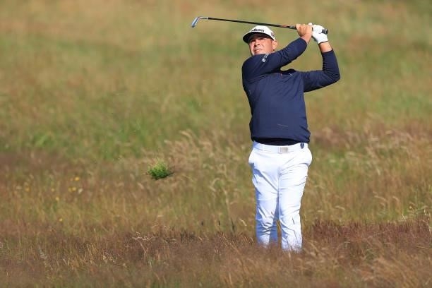 Gary Woodland of The United States plays his second shot on the 1st hole during Day One of The 149th Open at Royal St George’s Golf Club on July 15,...