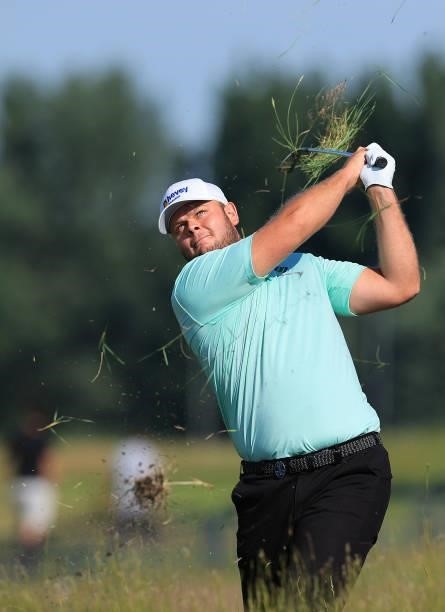 Jon Thomson of England plays his third shot on the 1st hole during Day One of The 149th Open at Royal St George’s Golf Club on July 15, 2021 in...