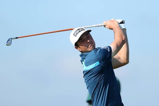 Viktor Hovland of Norway tees off on the 5th hole during Day One of The 149th Open at Royal St George’s Golf Club on July 15, 2021 in Sandwich,...