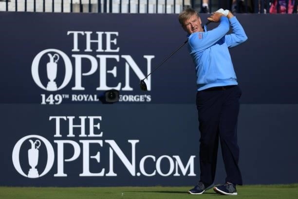 Ernie Els of South Africa tees off on the 1st hole during Day One of The 149th Open at Royal St George’s Golf Club on July 15, 2021 in Sandwich,...