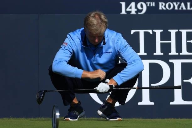 Ernie Els of South Africa prepares to tee off on the 1st hole during Day One of The 149th Open at Royal St George’s Golf Club on July 15, 2021 in...